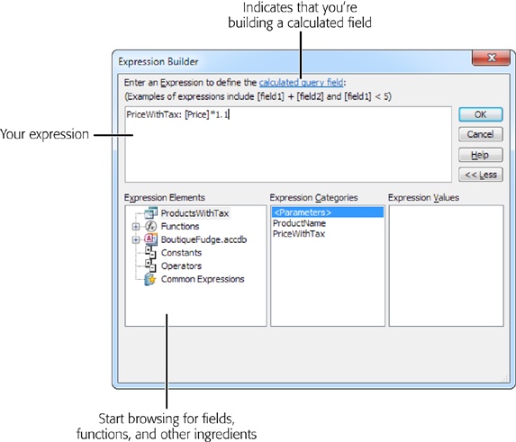 The Expression Builder consists of a text box at the top of the window, where you can edit your expression, and a three-paned browser at the bottom of the window that helps you find fields and functions you want to use.