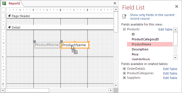 Here the ProductName field has been added to a new report. As you add the fields you want, you’ll need to spend considerable time moving them around the design surface until the report looks right.