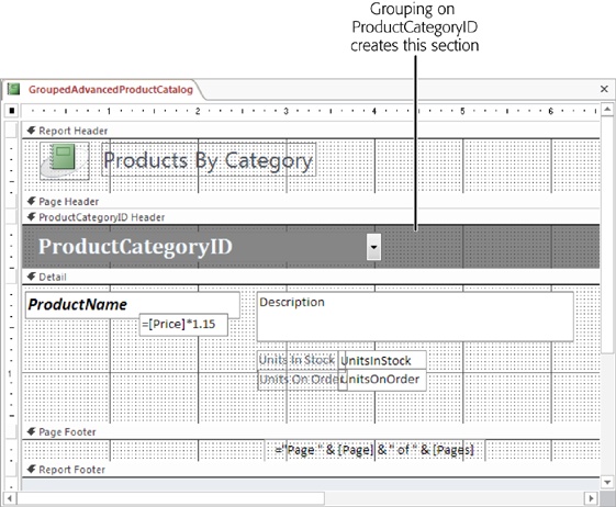Design view provides the easiest way to add content to the header section of each group. In the ProductCatalog report, you may want to add additional fields from the ProductCategories table to the ProductCategoryID Header section (like the Description).