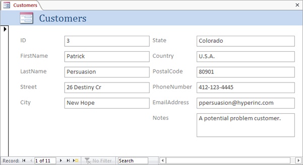 In this form for the Customers table, Access can’t fit all the fields using the ordinary one-field-per-line arrangement. Instead, it adds a second column.
