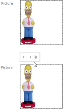 Top: Here, the Picture field shows a bobblehead doll’s picture. Access sizes the picture to fit the Attachment control box (without unnaturally stretching or skewing the picture).Bottom: When you select the Picture field, you see a minibar with additional options appear right above the image. The arrows let you step through all the attached files for this record. The paper-clip icon opens the Attachments window, where you can add or remove attachments, or open them in a different program. (The Attachments window is described on page 82.)