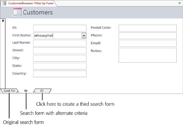 The Or tab appears at the bottom of the form. When you click the Or tab, a second copy of your search form appears, where you can fill out additional filter conditions. Each time you click the Or tab, another Or tab appears. You can repeat this process to fill in a dozen search forms at once, but there’s rarely any reason to go to such lengths.