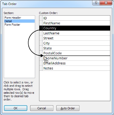 To reposition a control in the tab order, begin by clicking the gray margin that’s just to the left of the control. The entire row is selected. Next, drag the control to a new position on the list. In this example, the Country field is being moved down the tab order.