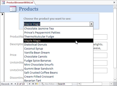 In this form, a Combo Box lets you jump to the product you want with one click. Notice that this list doesn’t take the place of the ProductName text box control. You use the list to find the record you want, and the text box to change the product name. Of course, if you never need to change product names in this form, you don’t need to include the ProductName text box.