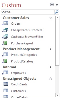 It’s often a good idea to create groups that reflect specific types of tasks, as in this database. You’ll notice that in Custom view, the items have slightly different icons, with a superimposed arrow in the bottom-left corner. This feature is Access’s attempt to highlight the fact that they are shortcuts to your database objects, and their arrangement doesn’t reflect any intrinsic property of the objects themselves.