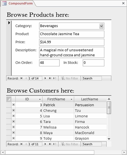 This compound form is an all-in-one dashboard for adding and reviewing products and reviewing the customer list. The prebuilt templates that Access includes (page 27) often use compound forms to put several related editing tasks in one place.