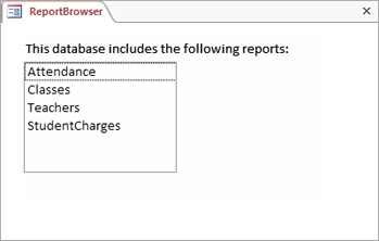 This form shows a list of all the available reports.