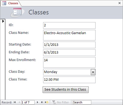 The Classes form shows a list of classes. Click “See Students in this Class” to open a second form Figure 14-22).
