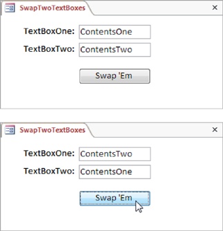 Top: Initially, each text box has its own information.Bottom: After running your swap code routine, you don’t get the result you expect. Once you paste the new content into the second text box, you end up overwriting the content you want to put in the first text box. The end result is two text boxes with the same content.