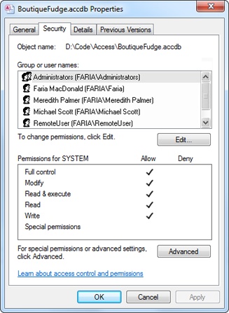The Security tab lists all the people (and groups) who are allowed to use this file, and it indicates what they’re allowed to do. In this example, every user and group name is preceded by the term FARIA because the name of the computer where the user accounts are defined is FARIA.