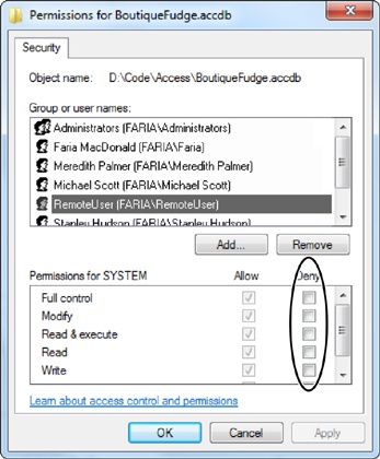 If the checkbox is grayed out, that’s because the setting is inherited—in other words, it’s based on the folder that contains this file. For example, you can’t change the Allow settings of the Users group, because they’re inherited. However, you can add Deny settings (as shown here with the user named RemoteUser). The Deny settings always overpower the Allow settings.