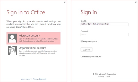 Depending on how you’re hosting your web app, Access may ask you what type of account you’re using (left). Choose “Microsoft account” if you’re using Office 365, or “Organizational account” if you’re using a SharePoint server provided by your company or another SharePoint hosting company. Either way, the next step is to fill in your user name and password (right).