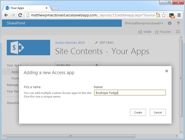 SharePoint doesn’t provide any tools for designing Access web apps, but it has no problem creating a new blank web app with the name you choose.