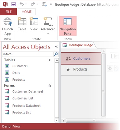 The navigation panel shows all the objects that are currently in the Boutique Fudge database: two tables and the four views that Access creates automatically to let people edit these tables. Oddly enough, Access calls them forms in the navigation pane, even though it calls them views everywhere else.