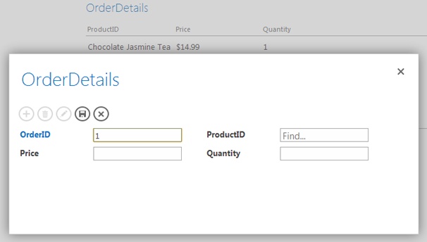Click the “Add OrderDetails” link and Access pops open a basic view that you can use to add new order items. This view lacks some of the convenience you’d get in a desktop database (for example, when you pick a product it would be nice to fill in the corresponding price automatically, as you did on page 620), but it gets the job done.