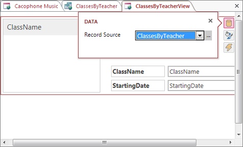 To set the data for a new view, click the outer box that wraps around the empty view, and then click the Data icon. You can choose your newly created query from the Record Source list.