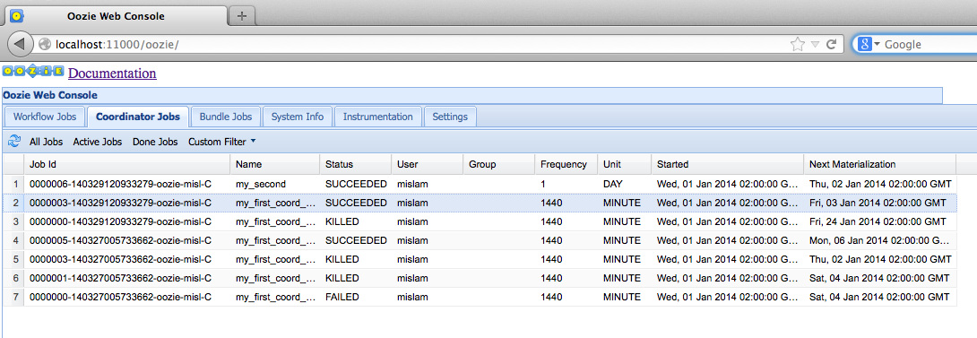 Oozie web interface for coordinator Jobs