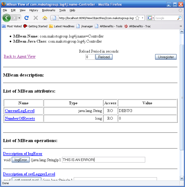 Managing the Controller MBean: causing an Error message to be generated