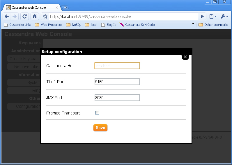 The Setup configuration screen for a Cassandra web console