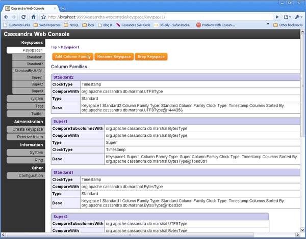 Keyspace and column family information in the web console