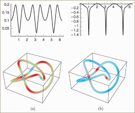 A (2, 3) torus knot with size parameters (r, a, b) = (8, 3, 5): (a) the curvature plot and a color encoding and (b) the torsion plot and a color encoding.