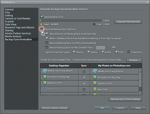 Setting backup and synchronization options