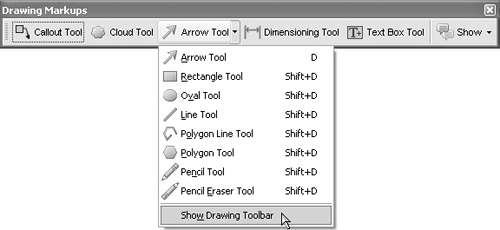 Click any down-pointing arrow next to a tool, and menu options offer you access to different tools and an option for opening a separate toolbar.