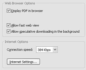 Click Internet in the left pane to display options for Internet preferences settings in the right pane.
