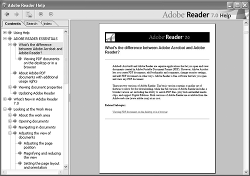 The Help document is convenient for finding information about Adobe Reader features.