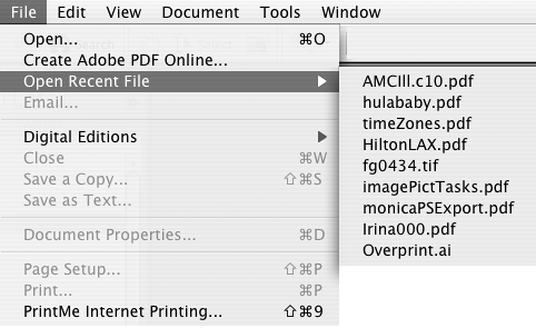 On the Macintosh, click File > Open Recent File and select a file from the submenu.