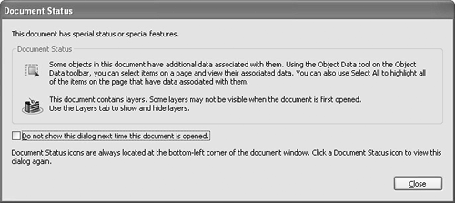 Objects containing object data can be shown in the Document Status dialog.