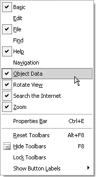 Select Object Data from a context menu opened from the Toolbar Well.