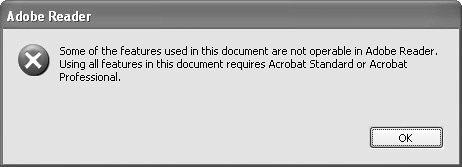 PDF authors can design documents with dialogs informing you that some features may not be operable in Adobe Reader.