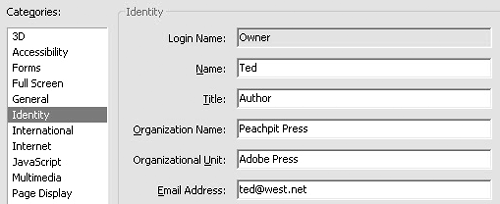 Click Identity in the Preferences dialog box and fill in the text boxes with your personal information.