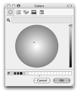 Click the color wheel. Click the bar across the top of the dialog and drag to a swatch at the bottom of the dialog.