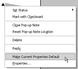 Open a context menu on the Note icon, and select Make Current Properties Default to change the default for all subsequent notes you add to the file in the current and future Adobe Reader sessions.