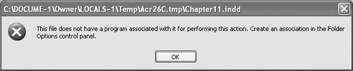 A warning dialog informs you when a file can't be opened because the authoring application is missing.