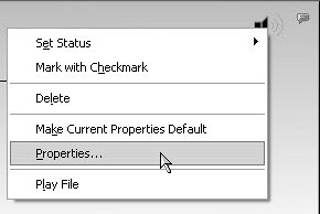 Select Properties from a context menu opened from the Comment icon.