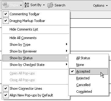 Open the Show pull-down menu and select Show by Status. From the submenu, select the comment status.