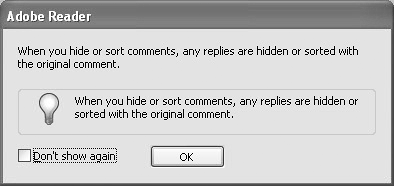 A warning dialog opens when you opt to show comments by status, informing you that any replies made in a review session are hidden with original comments.