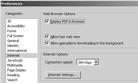 Click Internet in the left pane in the Preferences dialog to adjust options for viewing PDFs on the Internet.