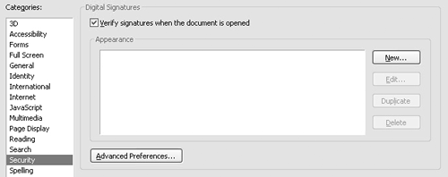 Click Security in the Preferences dialog to open the Digital Signatures preferences pane.