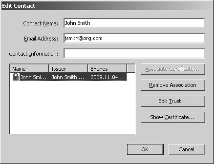 Select an identity name and click Details in the Manage Trusted Identities dialog to open the Edit Contact dialog.