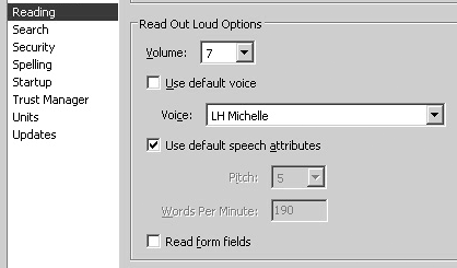 Click Reading in the left pane to show Read Out Loud options in the right pane.