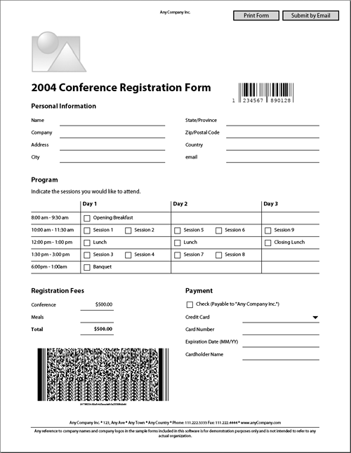 A PDF form contains a static barcode on the top-right side of the form and an interactive barcode on the lower-left side of the form.