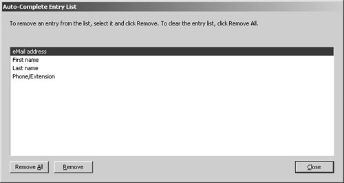 You remove items from the entry list in the Auto-Complete Entry List dialog.
