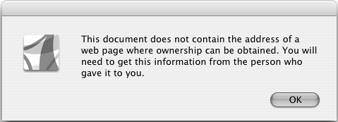 When a document does not contain URL information for acquiring ownership, a dialog opens reporting that fact.