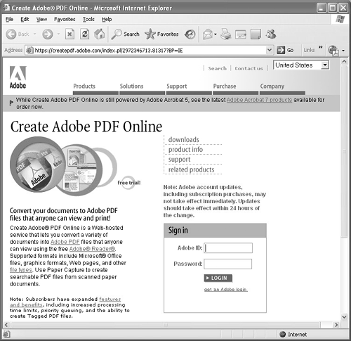 The Create Adobe PDF Online Web page contains information about submitting files for PDF conversion online.