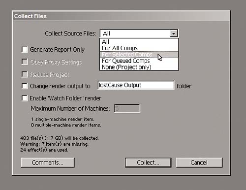 The Collect Files dialog includes several options. It's useful to select the final rendering composition prior to activating Collect Files if the project is complete—that way you don't collect files you don't need. In the lower left is a summary of what will be collected, what is missing, and how many effects are employed.