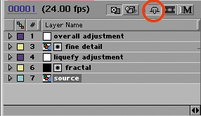 Hey, why are those layers numbered 1, 3, 4, 6, 7? The track matte layers have been set to shy and hidden by enabling the Shy toggle at the top of the timeline (highlighted). Very useful for showing only the layers you're still adjusting, but don't forget about those hidden layers.